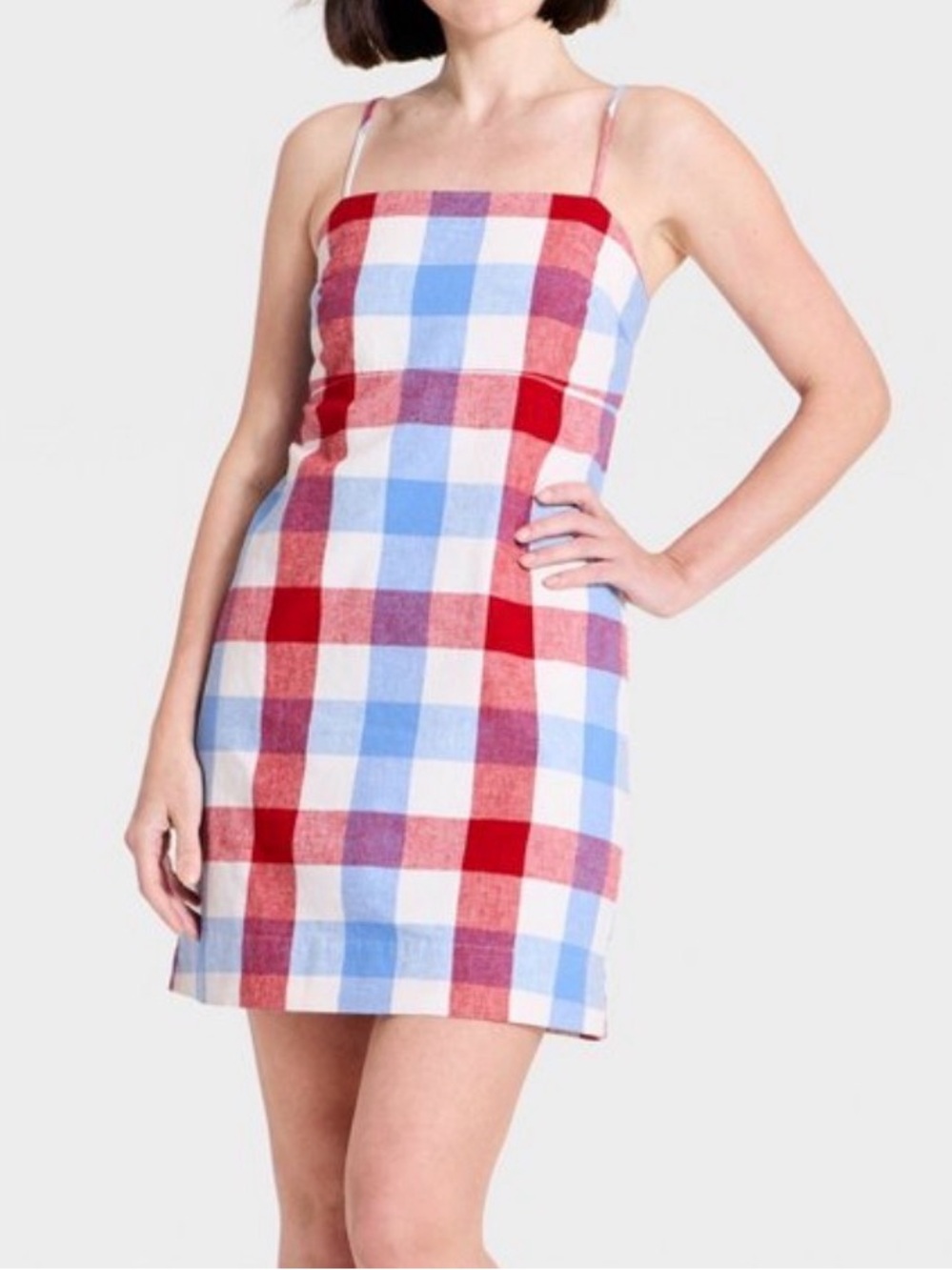 A New Day Mini Shift Sun Dress Linen Red White Blue Plaid Check Size Medium NWT